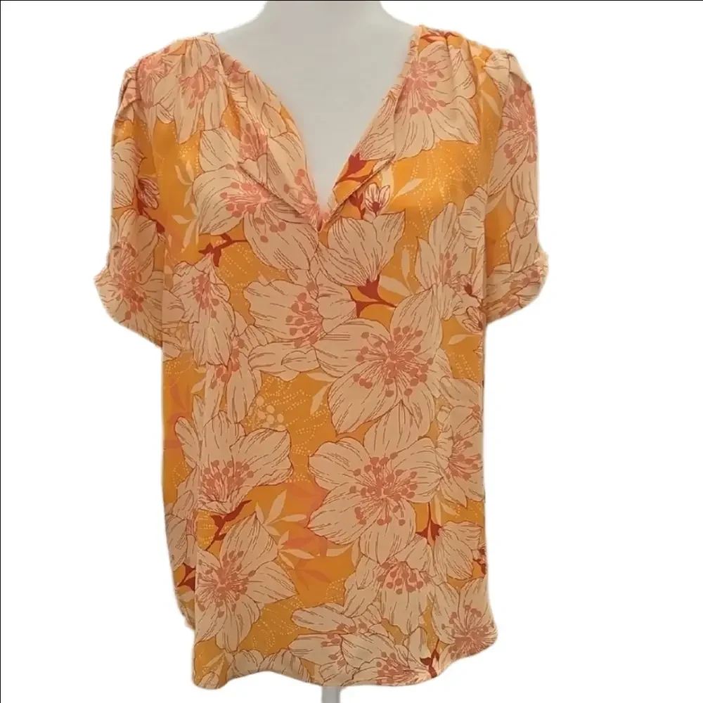 DR2 Vibrant Orange and Cream Floral Blouse - Picture 2 of 8
